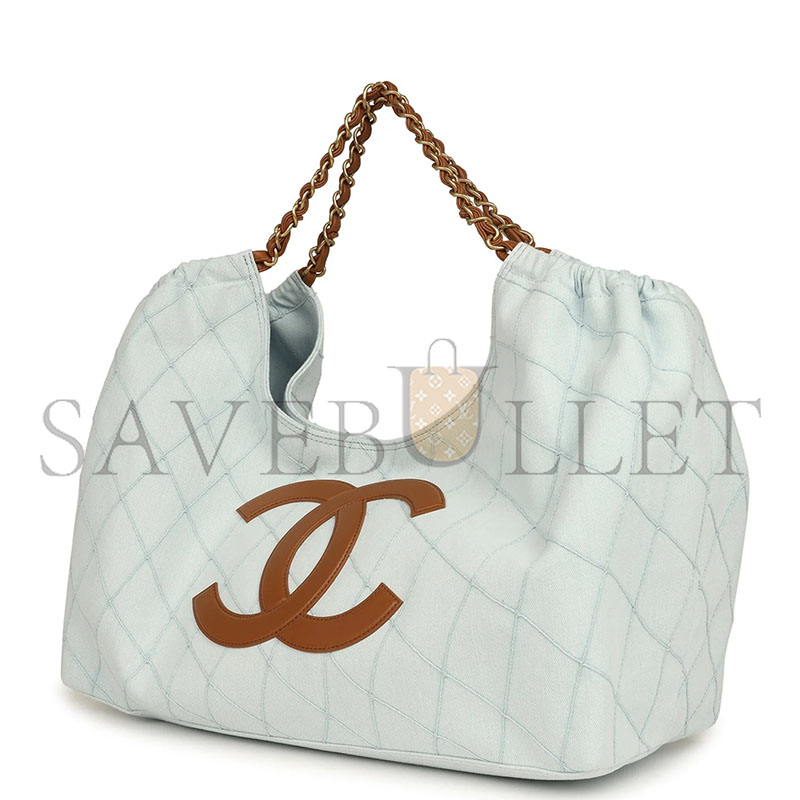 Ch**el MASTER MAXI COCO BEACH CAMBON HOBO BAG BLUE De*1m AND BROWN CALFSKIN BRUSHED GOLD HARDWARE (44*24*18cm)